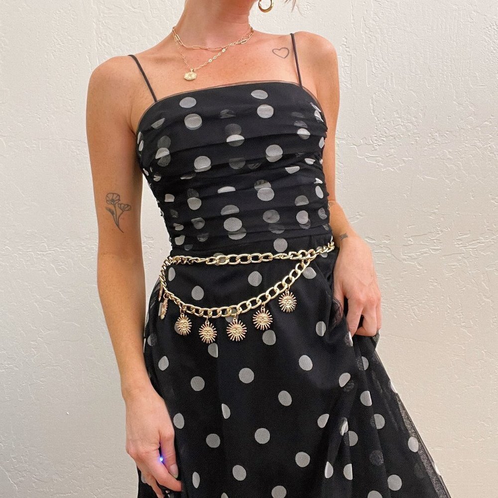 Vintage 90s/Y2K Eliza J Black Polka Dot Ruched Chiffon Fit Flare Midi Dress - Picture 4 of 12